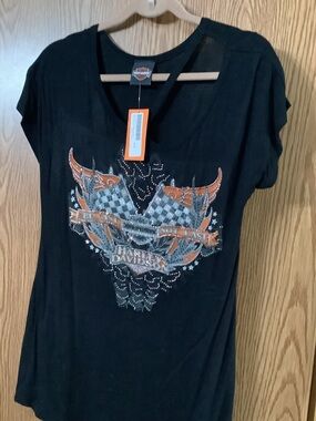 Harley-Davidson Black Short Sleeve V-Neck Tee with Orange & Silver Graphic